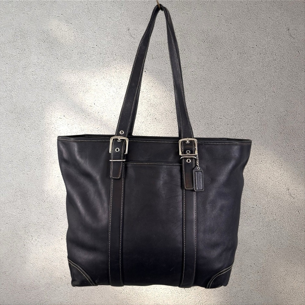 VTG COACH‎ HAMPTON LEATHER TOTE BLACK SHOULDER BAG CARRYALL HANDBAG 6491